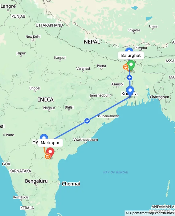 Route map showing distance and travel time from Balurghat, India to Markapur, India