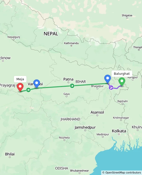Route map showing distance and travel time from Balurghat, India to Meja, India