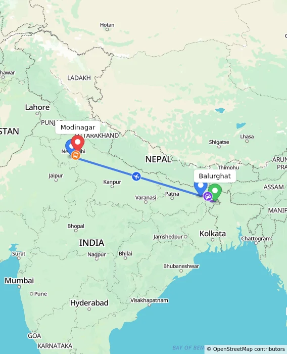 Route map showing distance and travel time from Balurghat, India to Modinagar, India