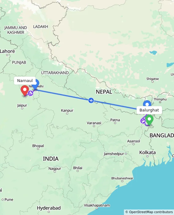 Route map showing distance and travel time from Balurghat, India to Narnaul, India
