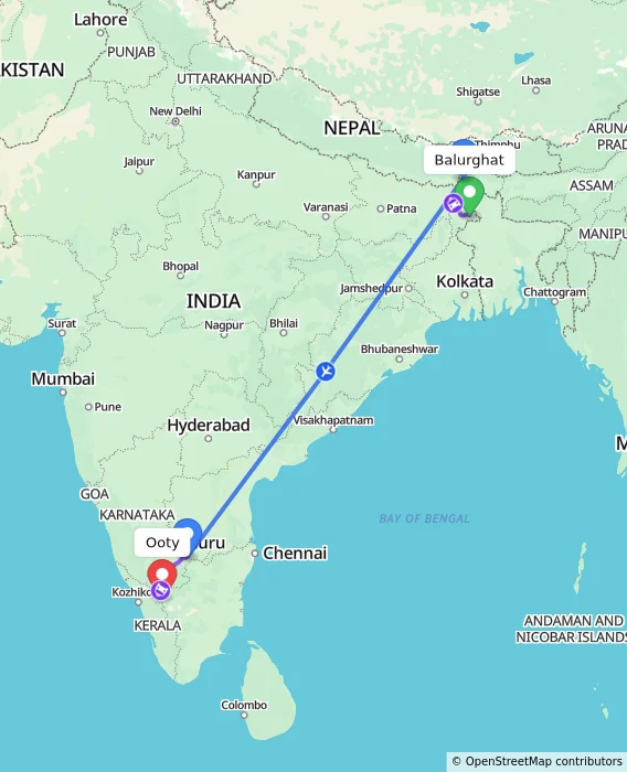 Route map showing distance and travel time from Balurghat, India to Ooty, India