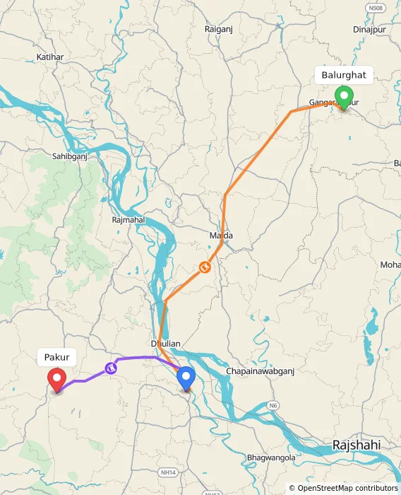 Route map showing distance and travel time from Balurghat, India to Pakur, India