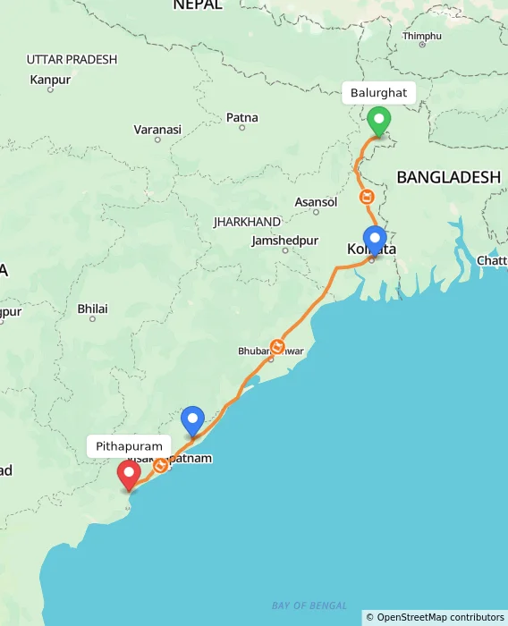 Route map showing distance and travel time from Balurghat, India to Pithapuram, India