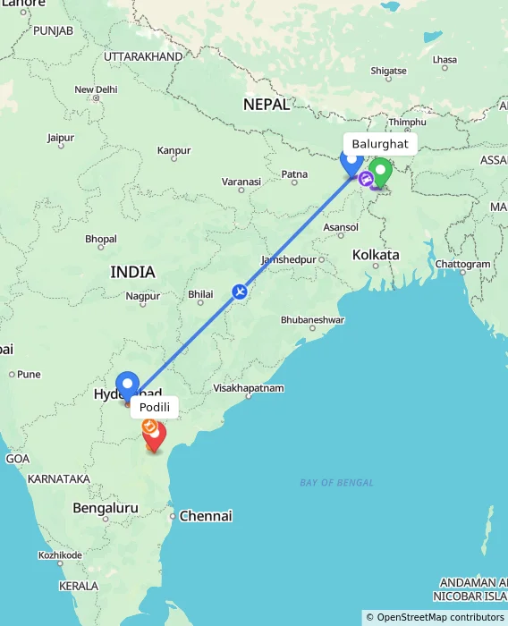 Route map showing distance and travel time from Balurghat, India to Podili, India