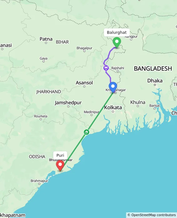 Route map showing distance and travel time from Balurghat, India to Puri, India