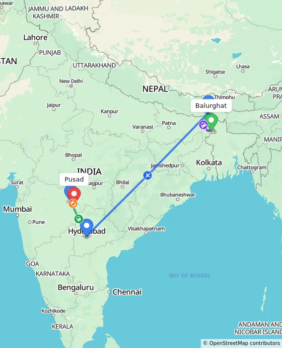 Route map showing distance and travel time from Balurghat, India to Pusad, India