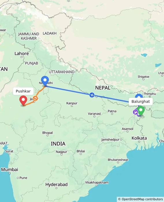 Route map showing distance and travel time from Balurghat, India to Pushkar, India