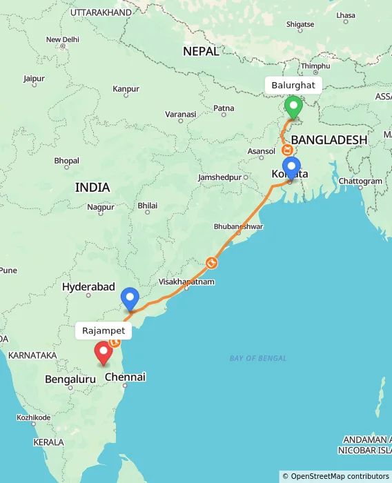 Route map showing distance and travel time from Balurghat, India to Rajampet, India