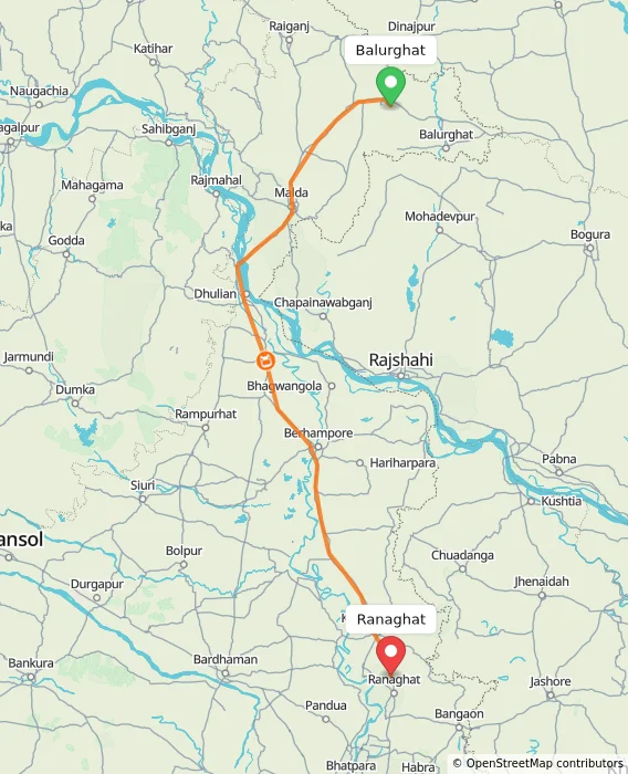 Route map showing distance and travel time from Balurghat, India to Ranaghat, India