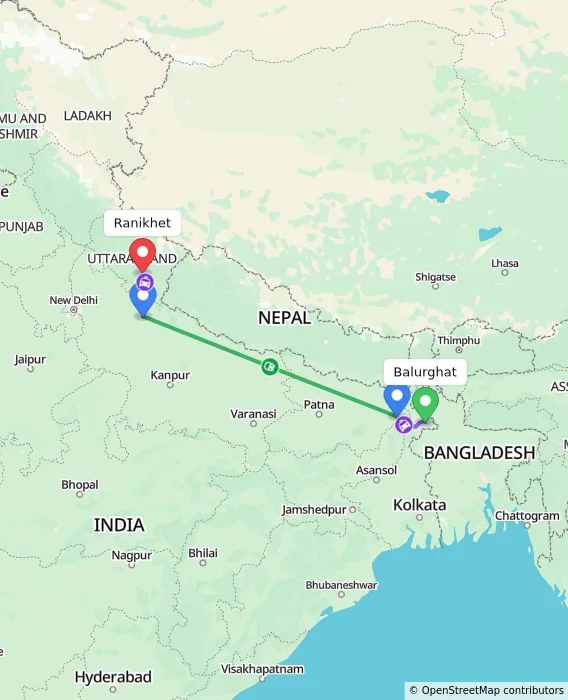 Route map showing distance and travel time from Balurghat, India to Ranikhet, India