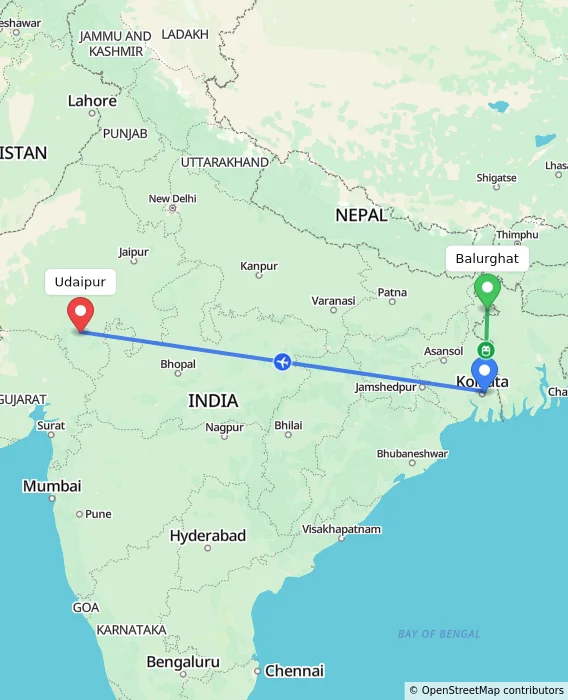 Route map showing distance and travel time from Balurghat, India to Udaipur, India