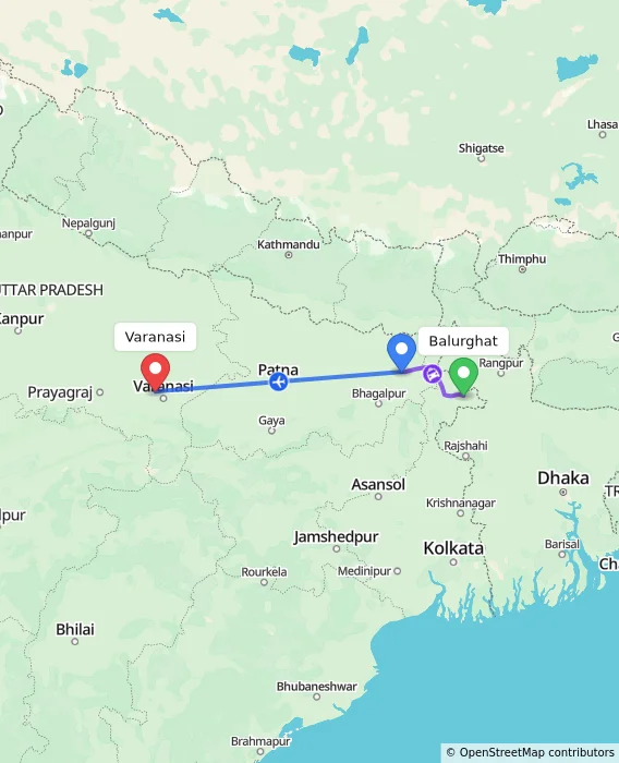 Route map showing distance and travel time from Balurghat, India to Varanasi, India