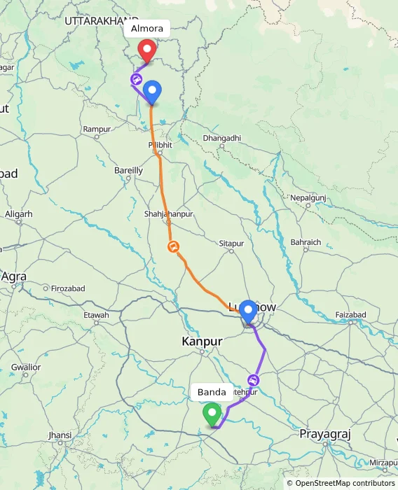 Route map showing distance and travel time from Banda, India to Almora, India
