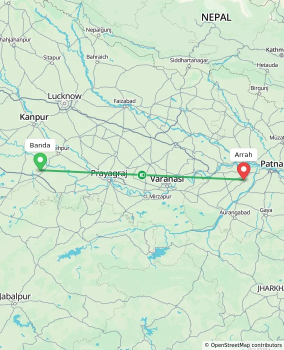 Route map showing distance and travel time from Banda, India to Arrah, India