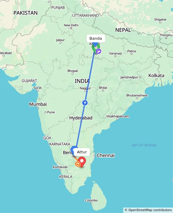 Route map showing distance and travel time from Banda, India to Attur, India