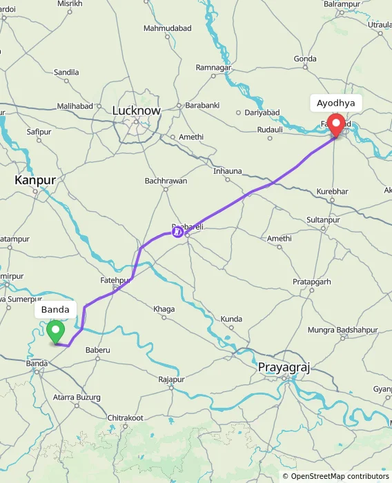 Route map showing distance and travel time from Banda, India to Ayodhya, India