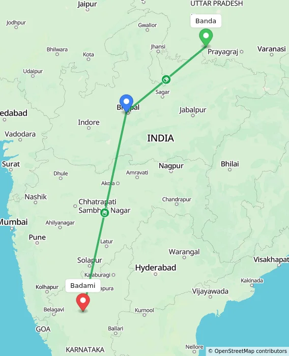Route map showing distance and travel time from Banda, India to Badami, India