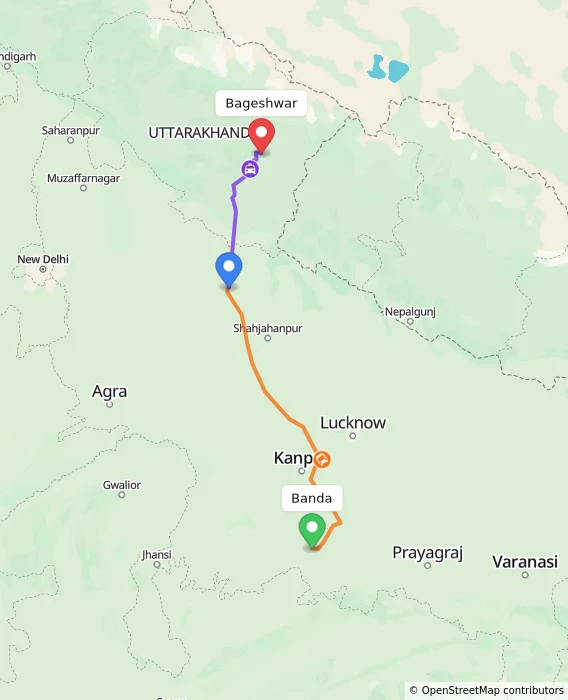 Route map showing distance and travel time from Banda, India to Bageshwar, India
