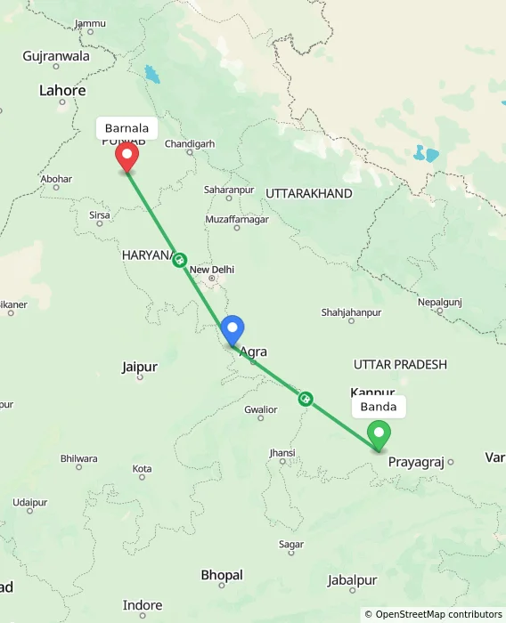 Route map showing distance and travel time from Banda, India to Barnala, India