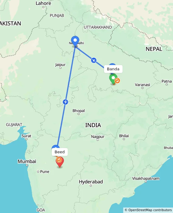 Route map showing distance and travel time from Banda, India to Beed, India