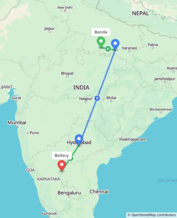 Route map showing distance and travel time from Banda, India to Bellary, India