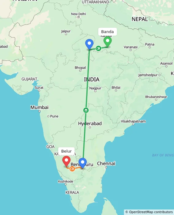 Route map showing distance and travel time from Banda, India to Belur, India