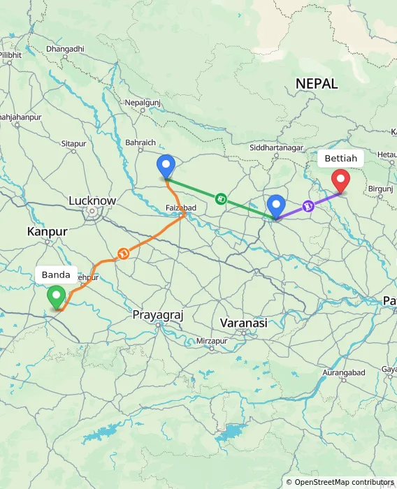 Route map showing distance and travel time from Banda, India to Bettiah, India
