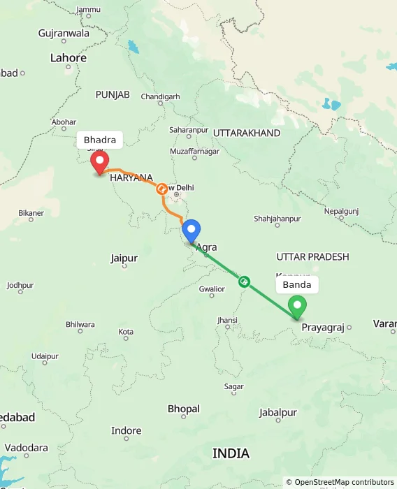Route map showing distance and travel time from Banda, India to Bhadra, India
