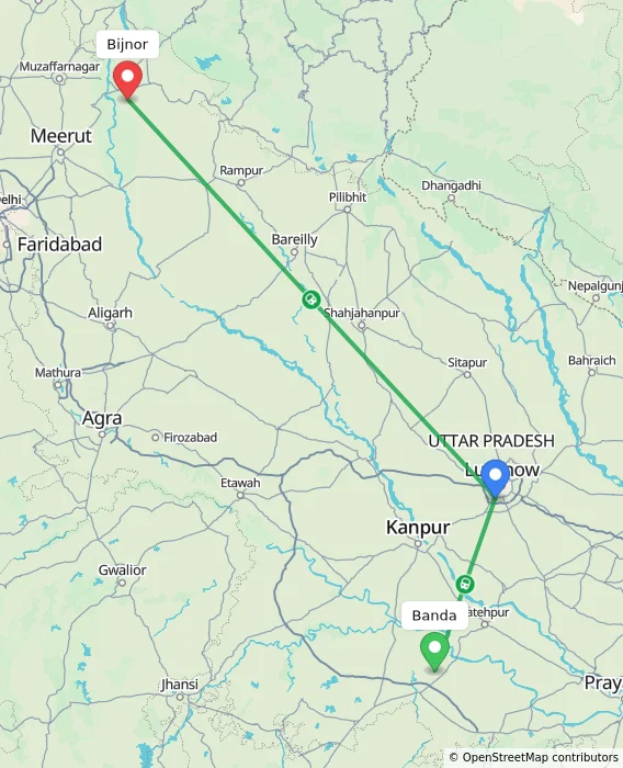 Route map showing distance and travel time from Banda, India to Bijnor, India