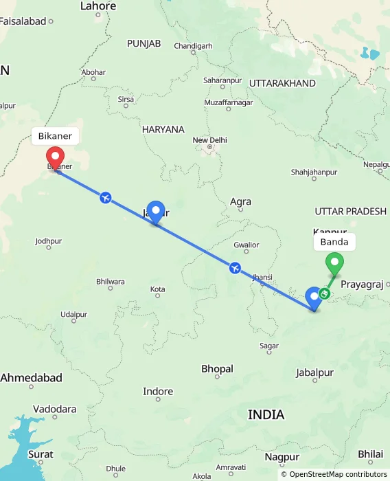 Route map showing distance and travel time from Banda, India to Bikaner, India
