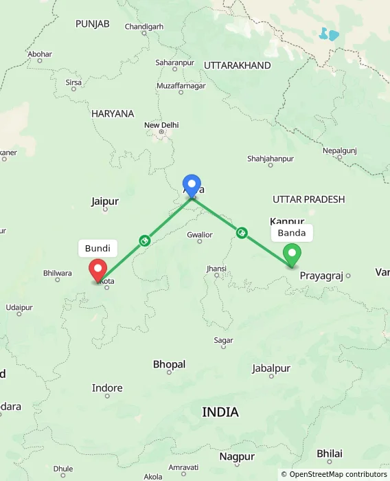 Route map showing distance and travel time from Banda, India to Bundi, India