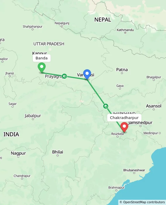 Route map showing distance and travel time from Banda, India to Chakradharpur, India