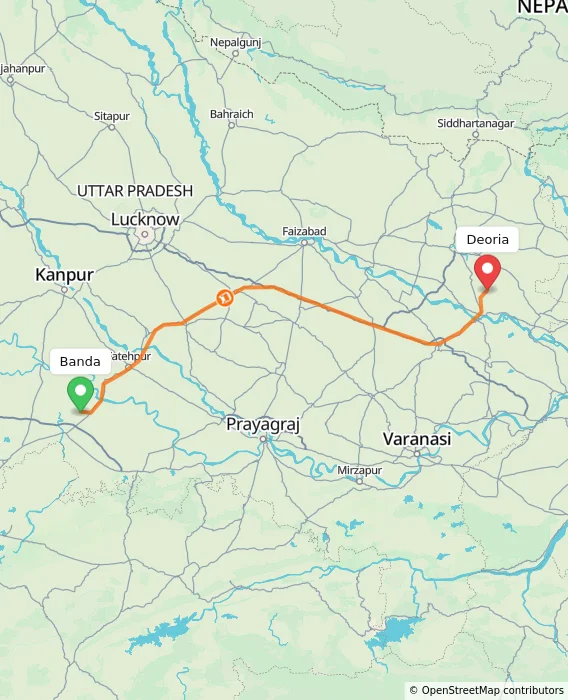 Route map showing distance and travel time from Banda, India to Deoria, India