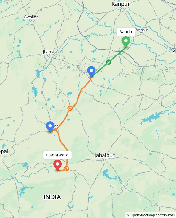 Route map showing distance and travel time from Banda, India to Gadarwara, India