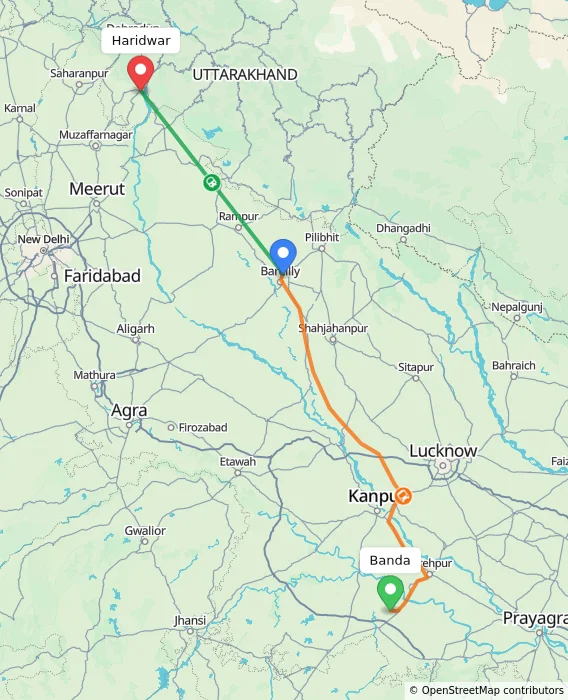 Route map showing distance and travel time from Banda, India to Haridwar, India