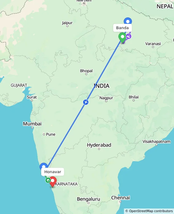Route map showing distance and travel time from Banda, India to Honavar, India