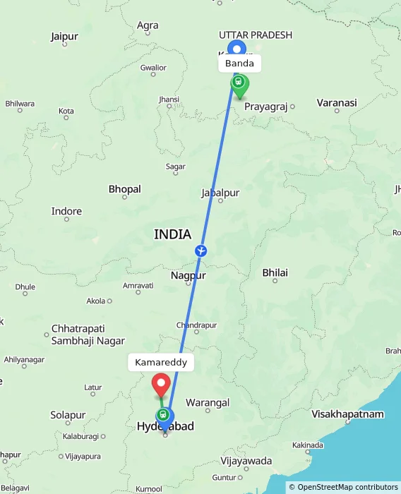 Route map showing distance and travel time from Banda, India to Kamareddy, India