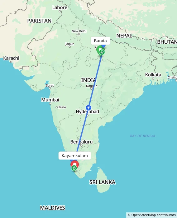 Route map showing distance and travel time from Banda, India to Kayamkulam, India