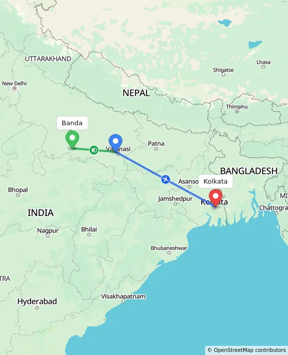 Route map showing distance and travel time from Banda, India to Kolkata, India