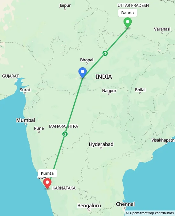 Route map showing distance and travel time from Banda, India to Kumta, India