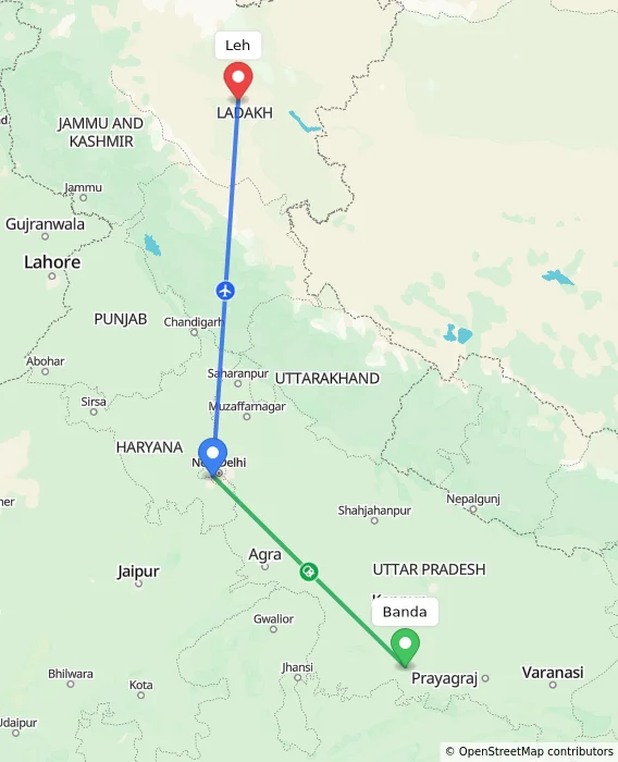 Route map showing distance and travel time from Banda, India to Leh, India