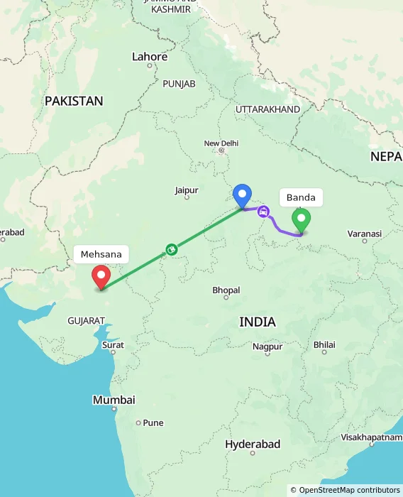 Route map showing distance and travel time from Banda, India to Mehsana, India