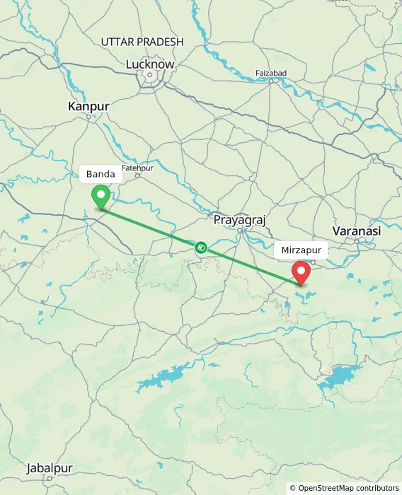 Route map showing distance and travel time from Banda, India to Mirzapur, India