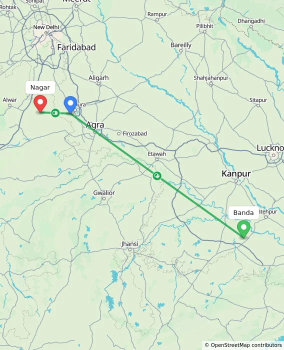 Route map showing distance and travel time from Banda, India to Nagar, India