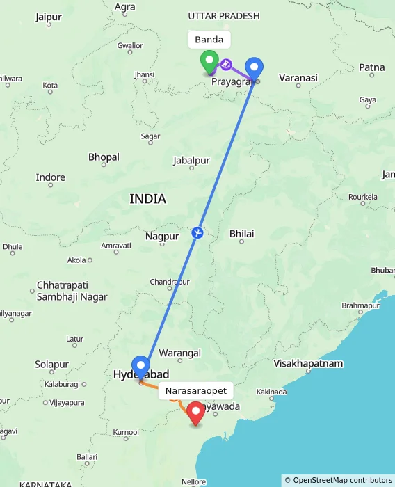 Route map showing distance and travel time from Banda, India to Narasaraopet, India