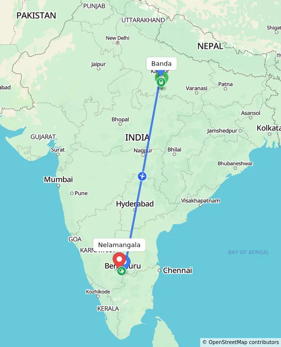 Route map showing distance and travel time from Banda, India to Nelamangala, India
