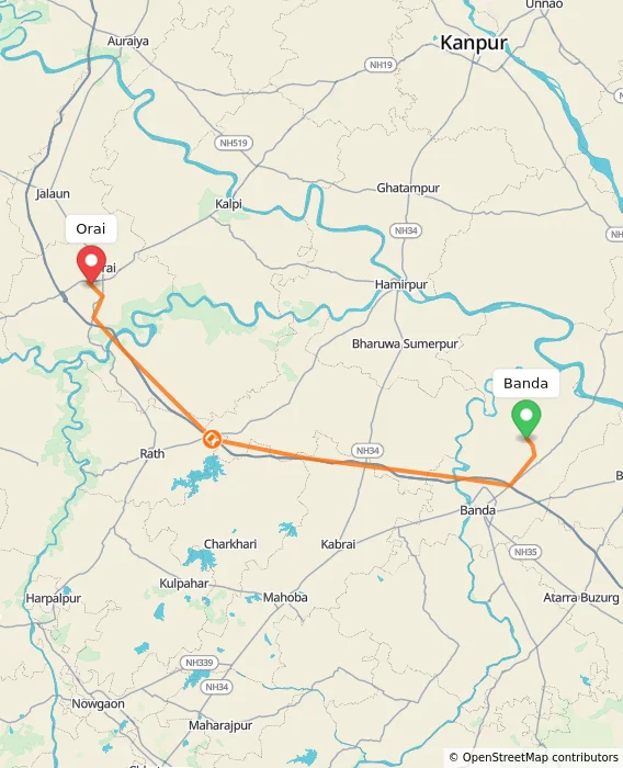 Route map showing distance and travel time from Banda, India to Orai, India
