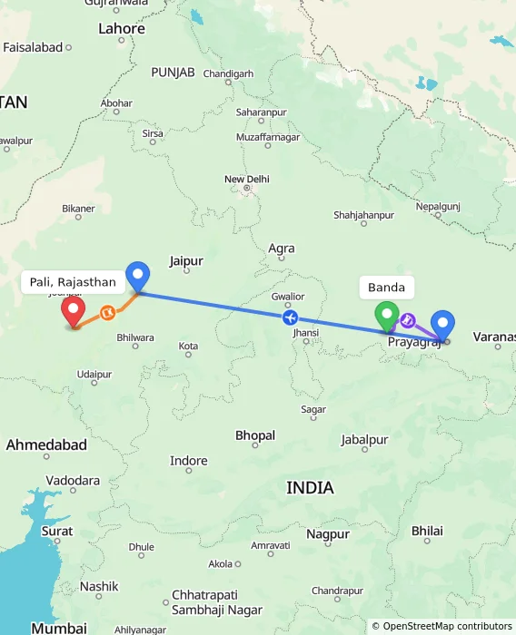 Route map showing distance and travel time from Banda, India to Pali, Rajasthan, India