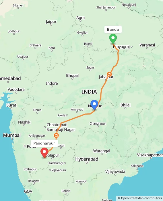 Route map showing distance and travel time from Banda, India to Pandharpur, India