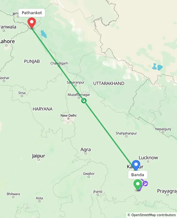Route map showing distance and travel time from Banda, India to Pathankot, India